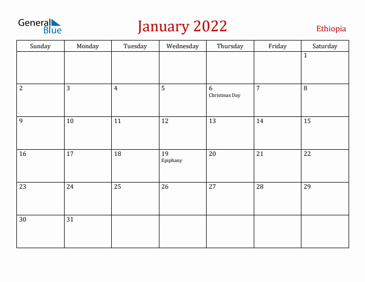 Ethiopia January 2022 Calendar - Sunday Start