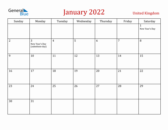 United Kingdom January 2022 Calendar - Sunday Start