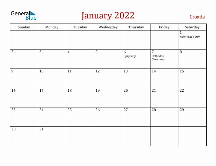 Croatia January 2022 Calendar - Sunday Start