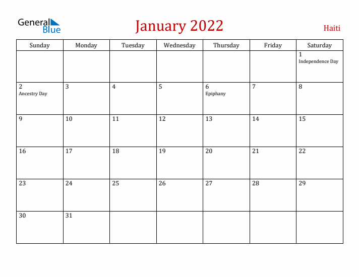 Haiti January 2022 Calendar - Sunday Start