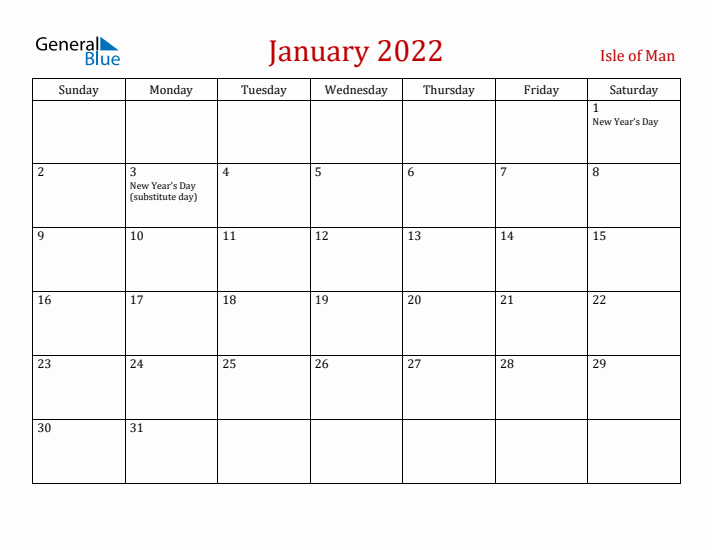 Isle of Man January 2022 Calendar - Sunday Start
