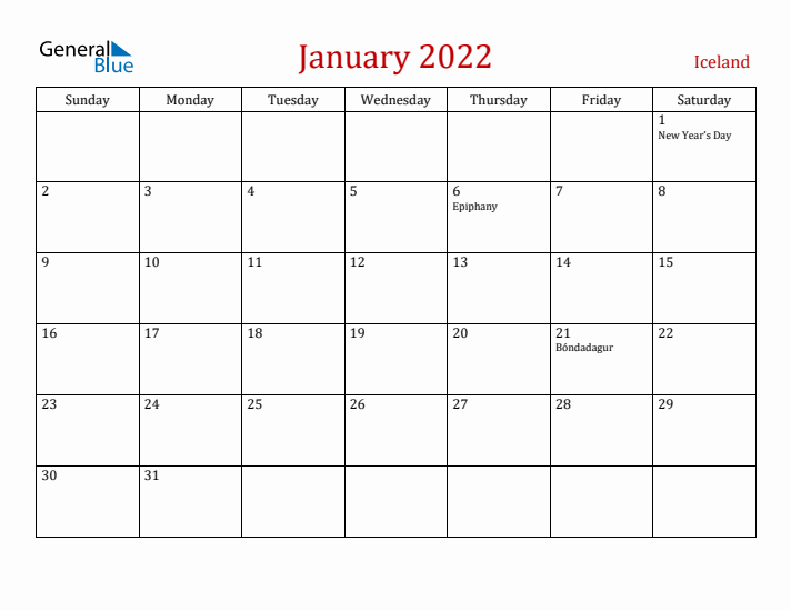 Iceland January 2022 Calendar - Sunday Start