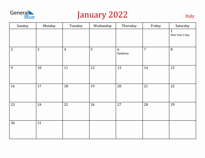 Italy January 2022 Calendar - Sunday Start