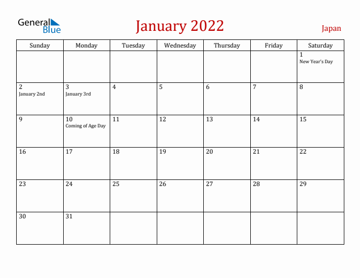 Japan January 2022 Calendar - Sunday Start
