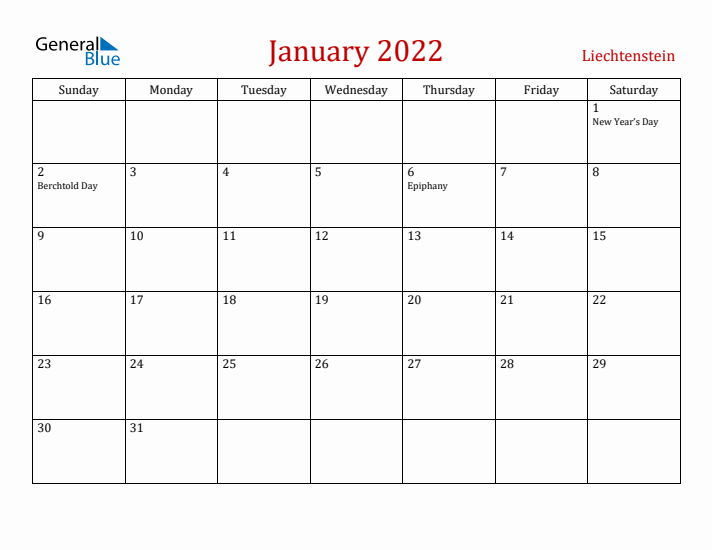 Liechtenstein January 2022 Calendar - Sunday Start