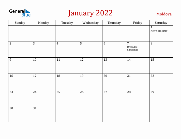 Moldova January 2022 Calendar - Sunday Start