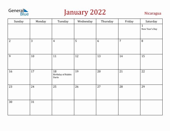 Nicaragua January 2022 Calendar - Sunday Start