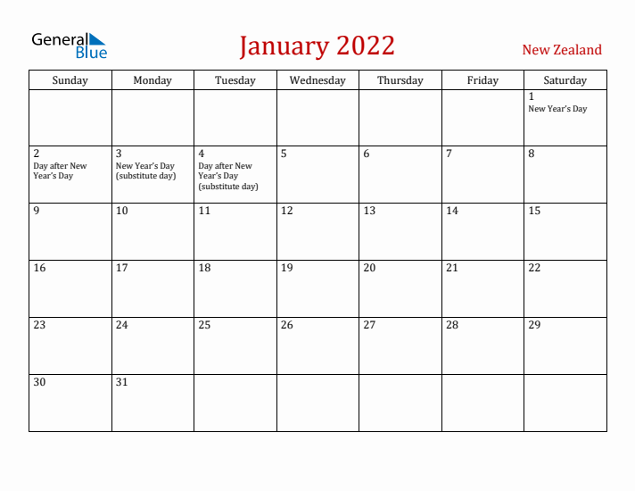 New Zealand January 2022 Calendar - Sunday Start