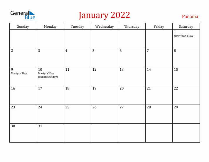 Panama January 2022 Calendar - Sunday Start