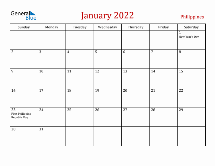 Philippines January 2022 Calendar - Sunday Start