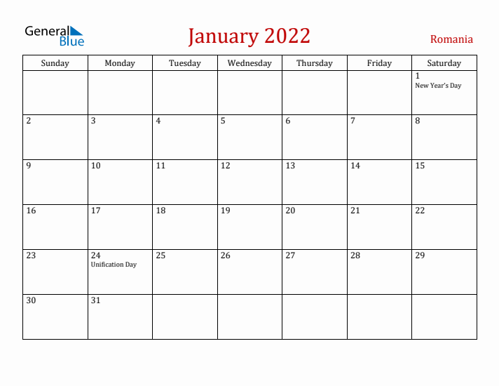 Romania January 2022 Calendar - Sunday Start