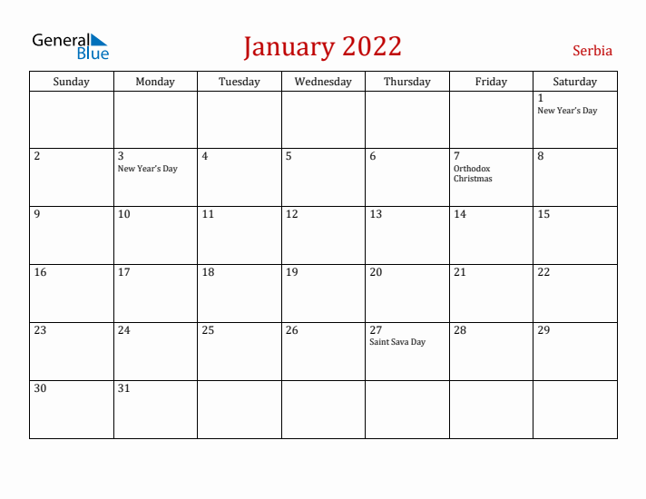 Serbia January 2022 Calendar - Sunday Start