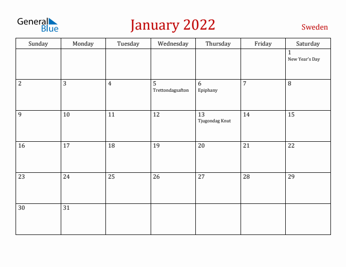 Sweden January 2022 Calendar - Sunday Start