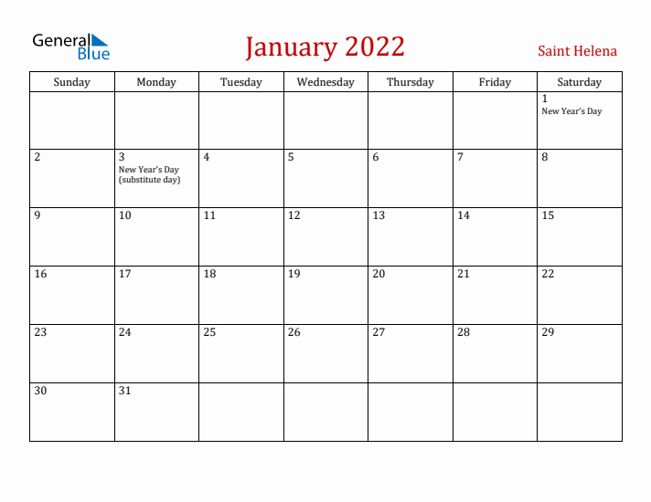 Saint Helena January 2022 Calendar - Sunday Start