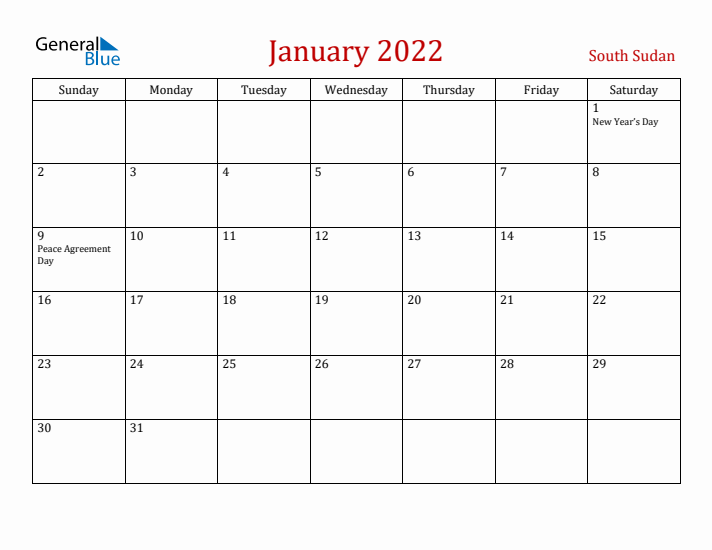 South Sudan January 2022 Calendar - Sunday Start
