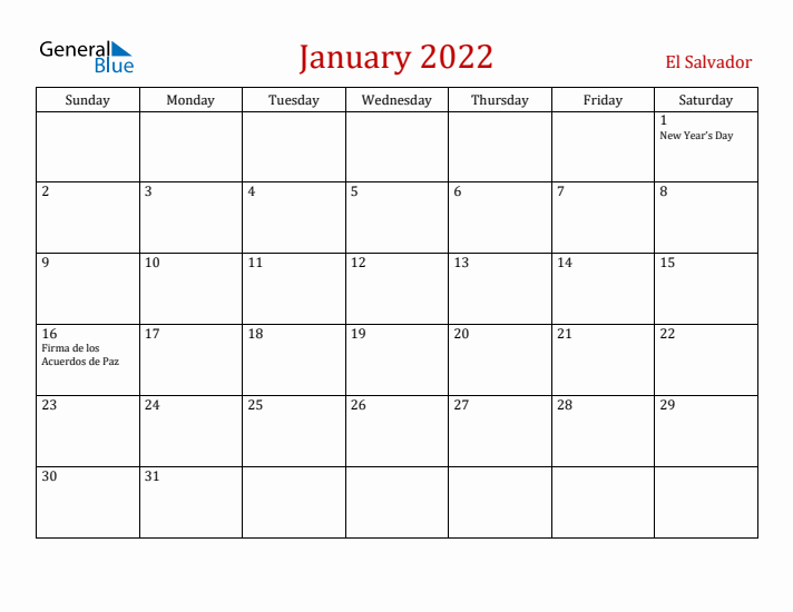 El Salvador January 2022 Calendar - Sunday Start