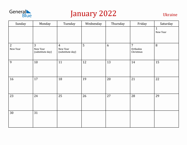 Ukraine January 2022 Calendar - Sunday Start
