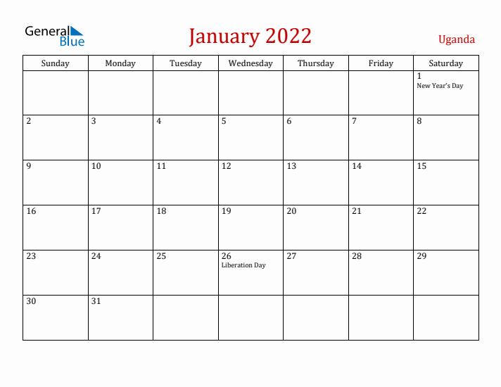 Uganda January 2022 Calendar - Sunday Start