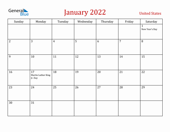 United States January 2022 Calendar - Sunday Start