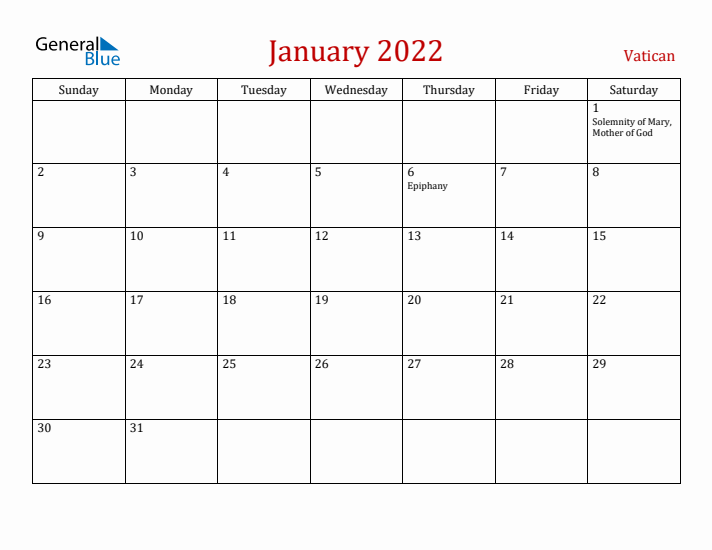 Vatican January 2022 Calendar - Sunday Start
