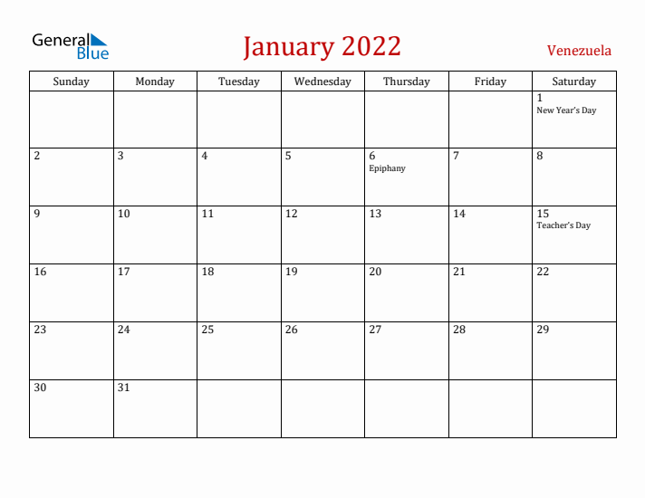 Venezuela January 2022 Calendar - Sunday Start