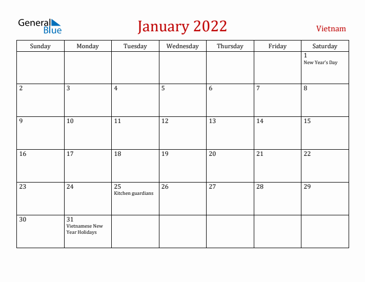 Vietnam January 2022 Calendar - Sunday Start