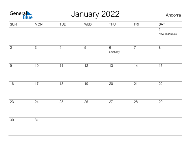 Printable January 2022 Calendar for Andorra