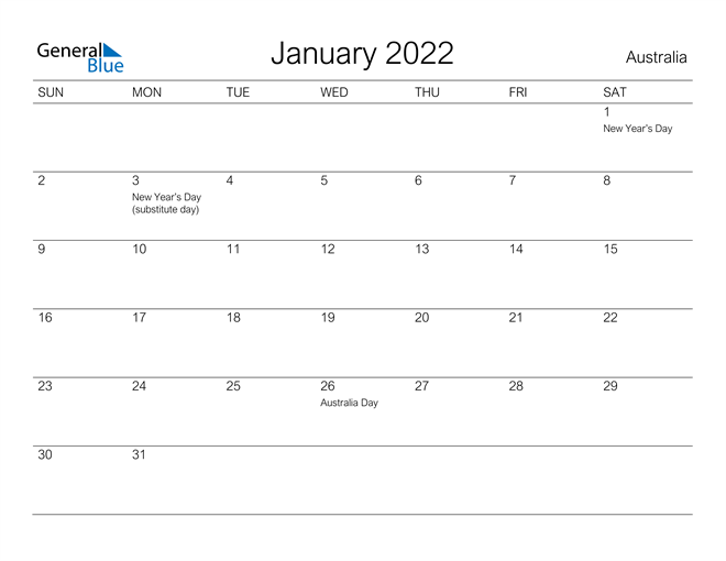 Printable January 2022 Calendar for Australia
