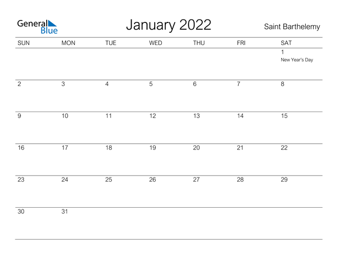 Printable January 2022 Calendar for Saint Barthelemy