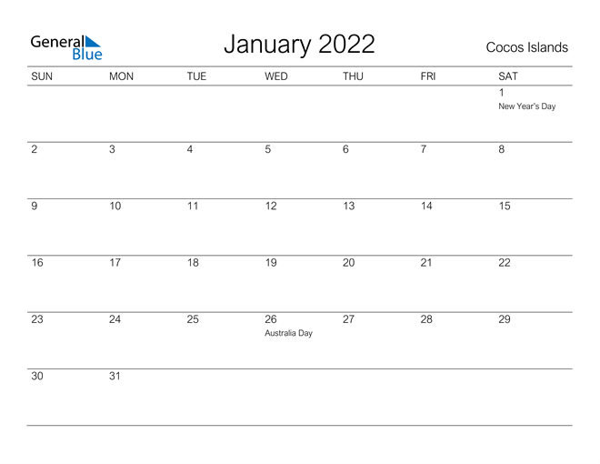 Printable January 2022 Calendar for Cocos Islands
