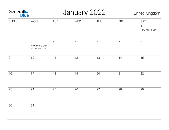 united kingdom january 2022 calendar with holidays