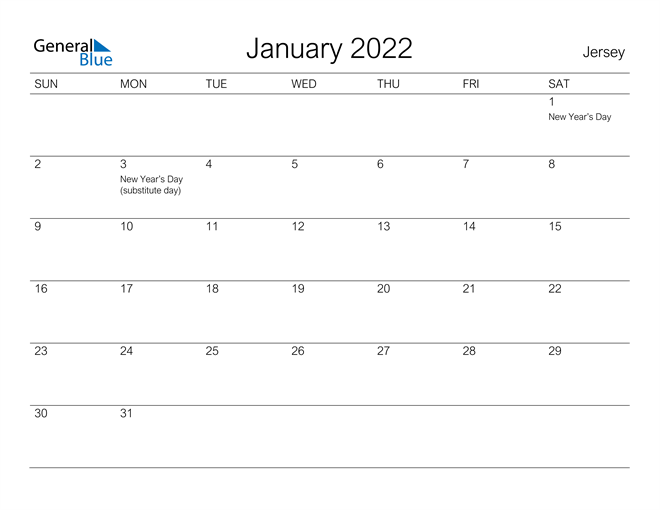 Printable January 2022 Calendar for Jersey