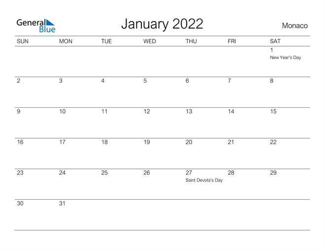 Printable January 2022 Calendar for Monaco