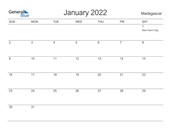 Printable January 2022 Calendar for Madagascar