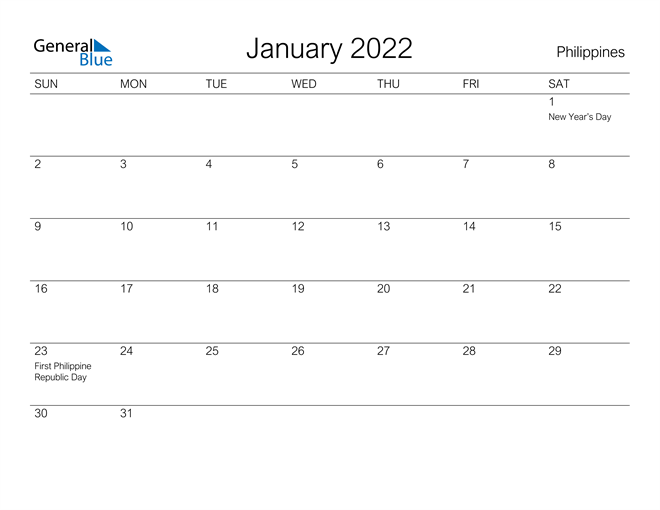 philippines january 2022 calendar with holidays