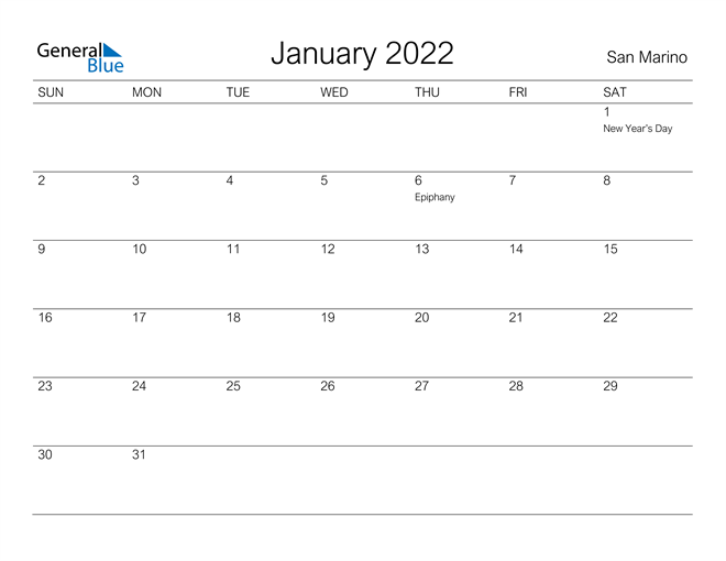 Printable January 2022 Calendar for San Marino