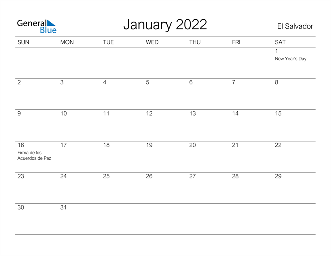 Printable January 2022 Calendar for El Salvador