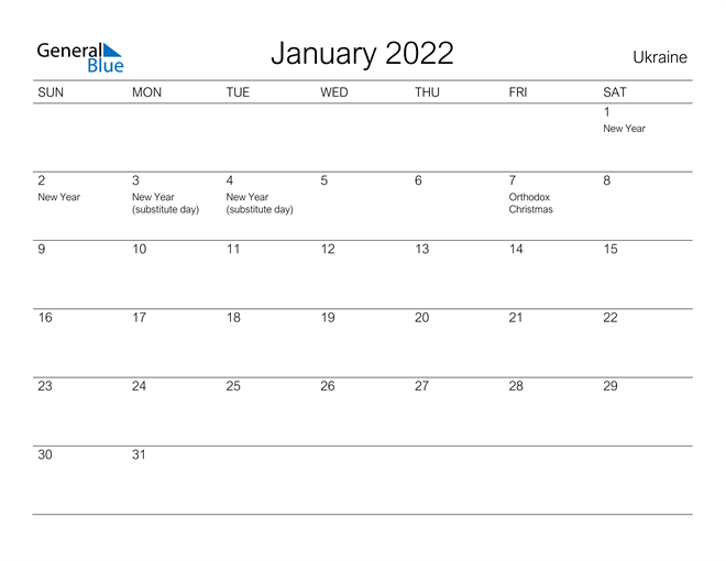 Printable January 2022 Calendar for Ukraine