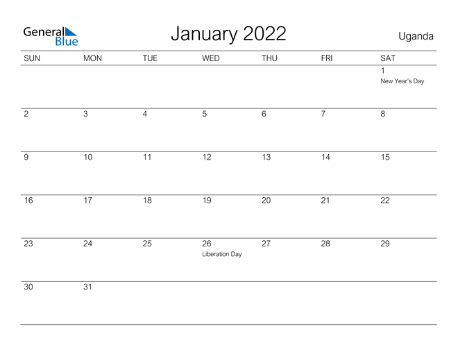 Printable January 2022 Calendar for Uganda