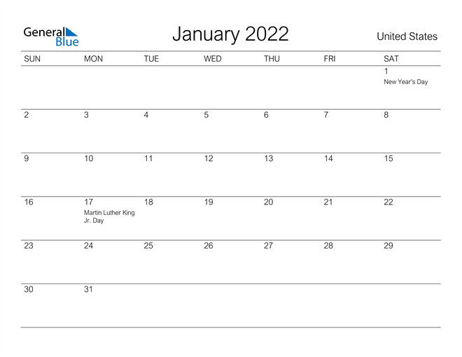 united states january 2022 calendar with holidays