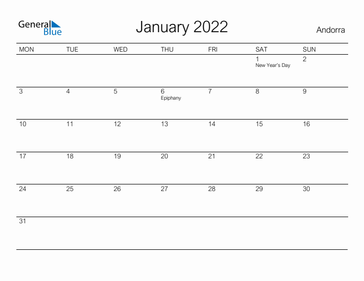 Printable January 2022 Calendar for Andorra