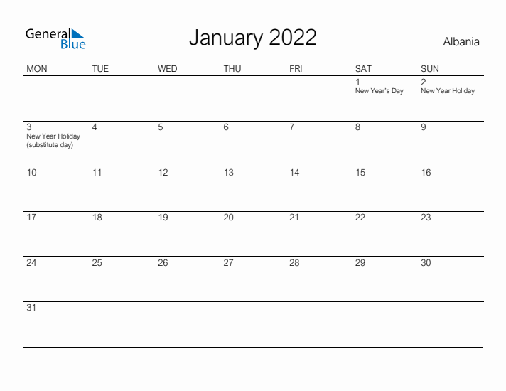 Printable January 2022 Calendar for Albania