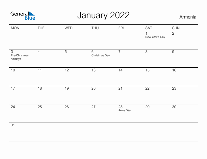 Printable January 2022 Calendar for Armenia