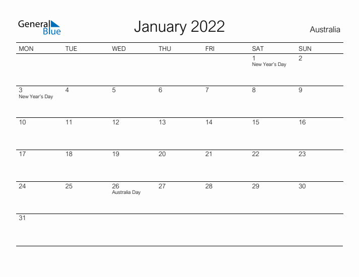 Printable January 2022 Calendar for Australia