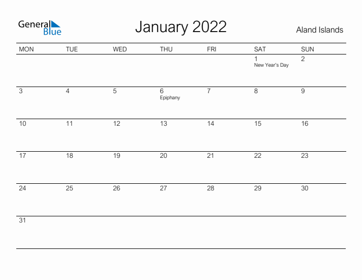 Printable January 2022 Calendar for Aland Islands