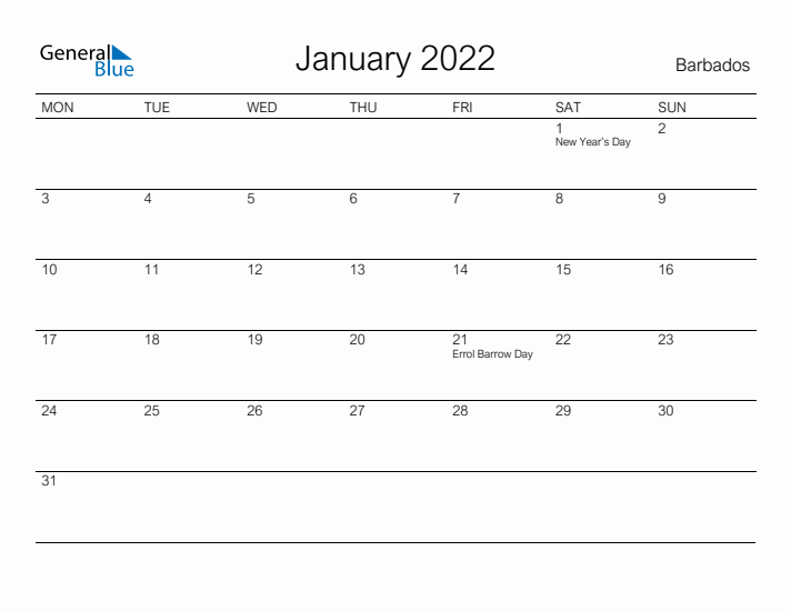 Printable January 2022 Calendar for Barbados