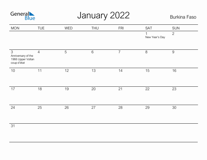 Printable January 2022 Calendar for Burkina Faso
