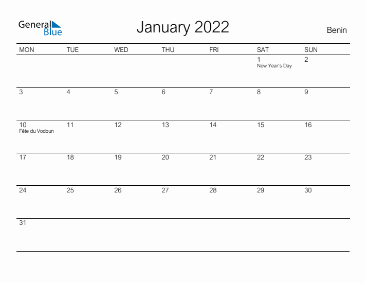 Printable January 2022 Calendar for Benin