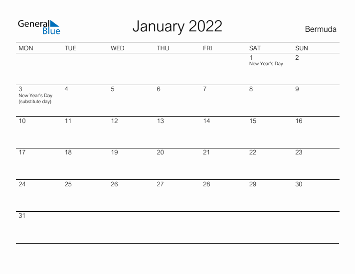 Printable January 2022 Calendar for Bermuda