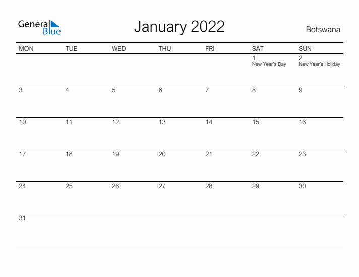 Printable January 2022 Calendar for Botswana
